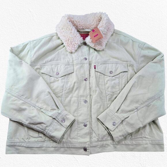 Levi’s Baby Baggy Crop Corduroy Sherpa Trucker Jacket Meadow Mist Green Size 2X - Picture 1 of 16